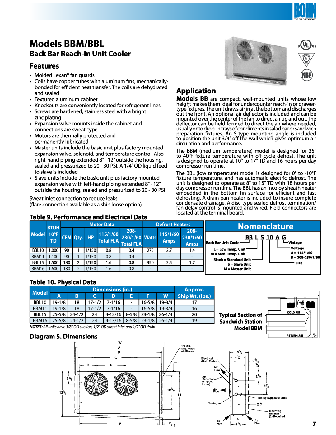 Heatcraft Refrigeration Products RAMK Models BBM/BBL, Back Bar Reach-InUnit Cooler Features, Physical Data, BB L S 10 A G 