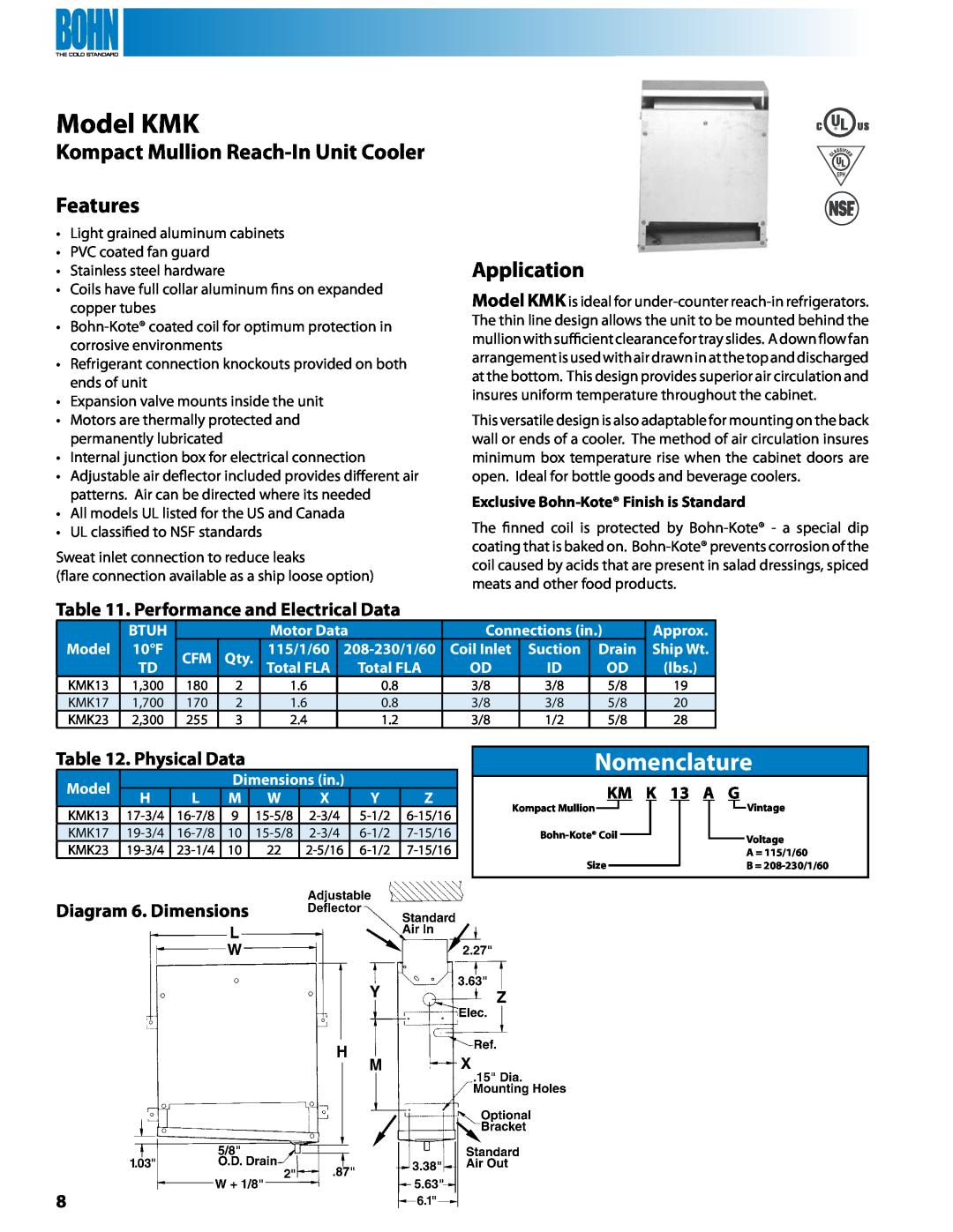 Heatcraft Refrigeration Products BBL Model KMK, Kompact Mullion Reach-InUnit Cooler Features, Physical Data, KM K 13 A G 