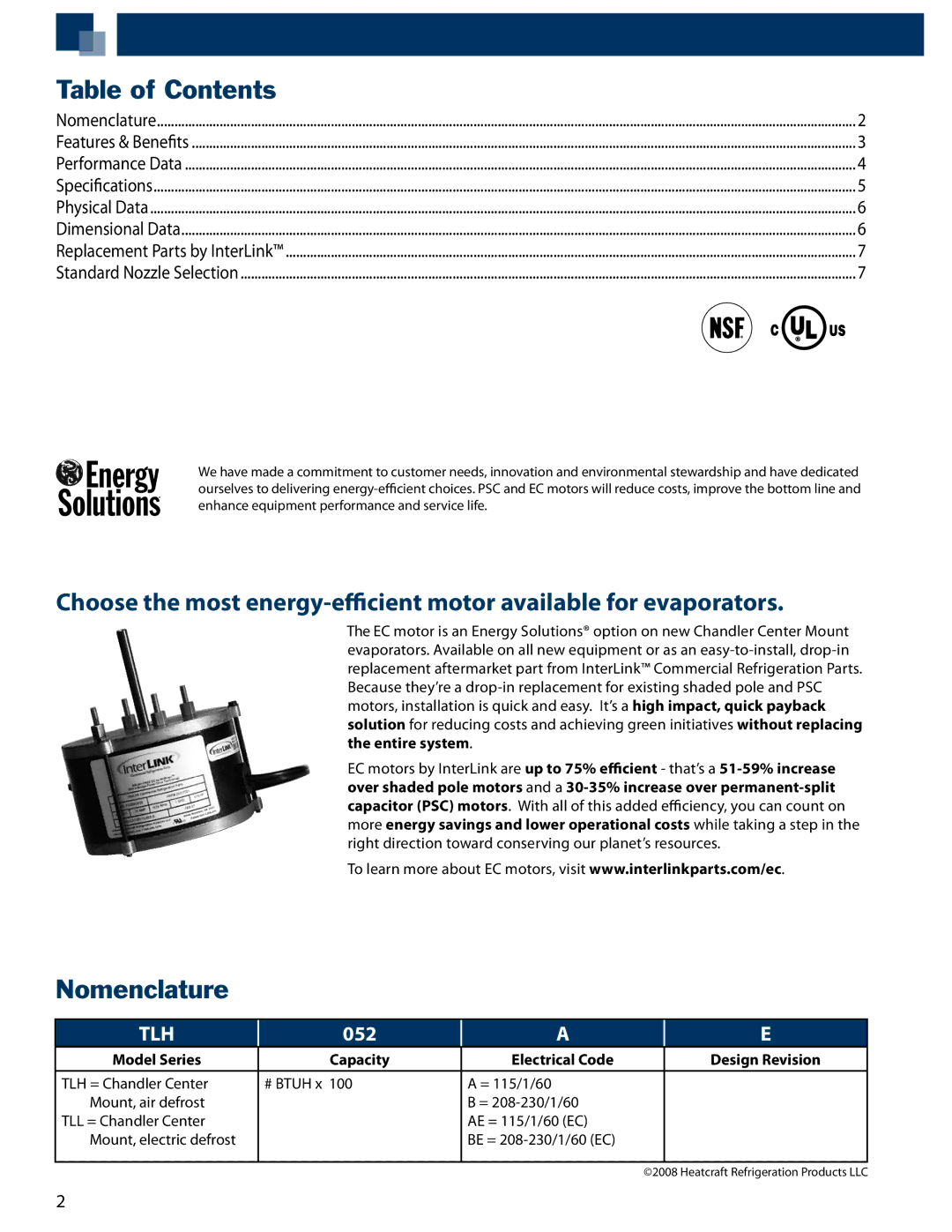 Heatcraft Refrigeration Products TLL, TLH manual Table of Contents, Nomenclature 