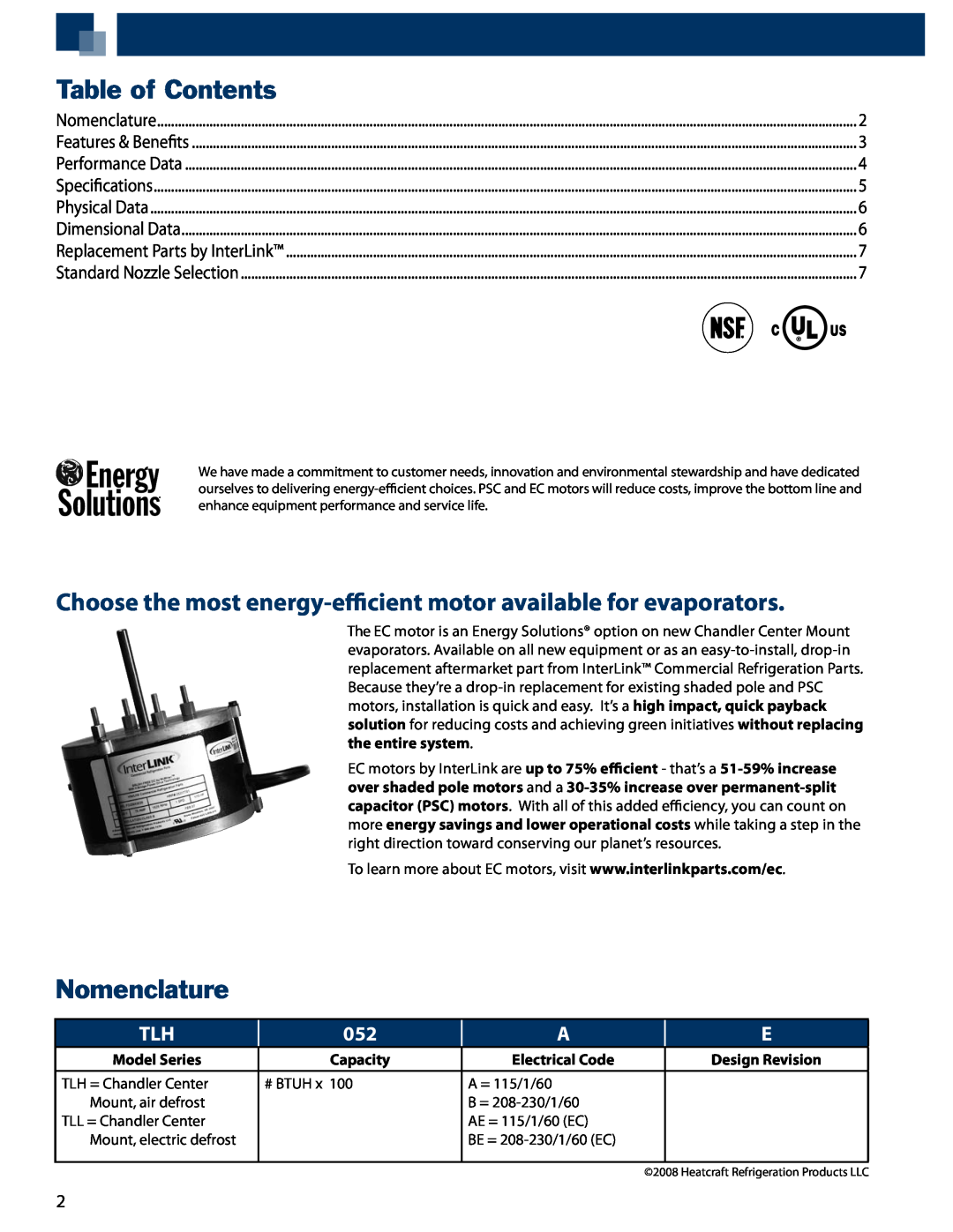 Heatcraft Refrigeration Products TLL, TLH manual Table of Contents, Nomenclature 