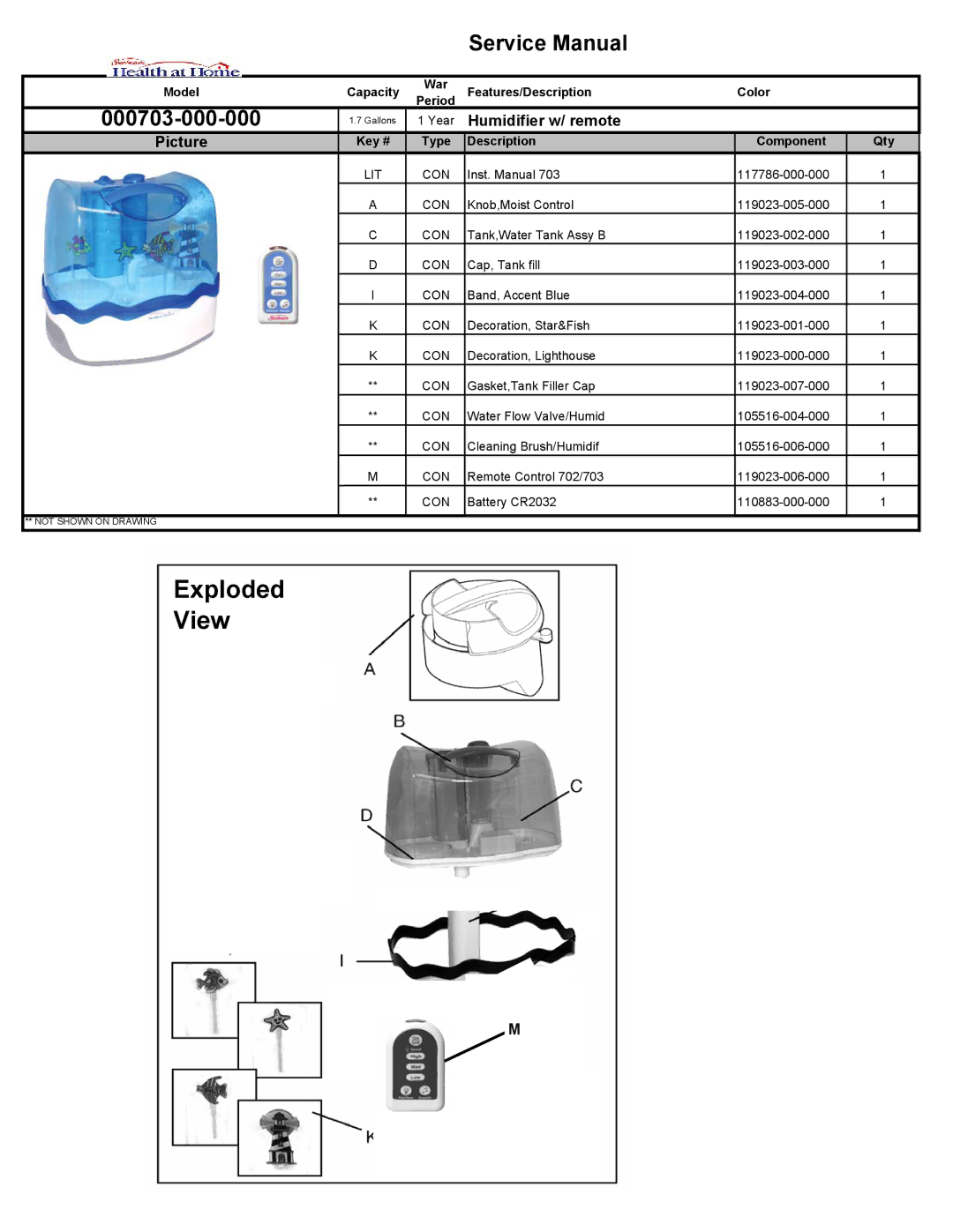 Heath Zenith 000703-000-000 service manual Humidifier w/ remote Picture, Features/Description Color, Key # 