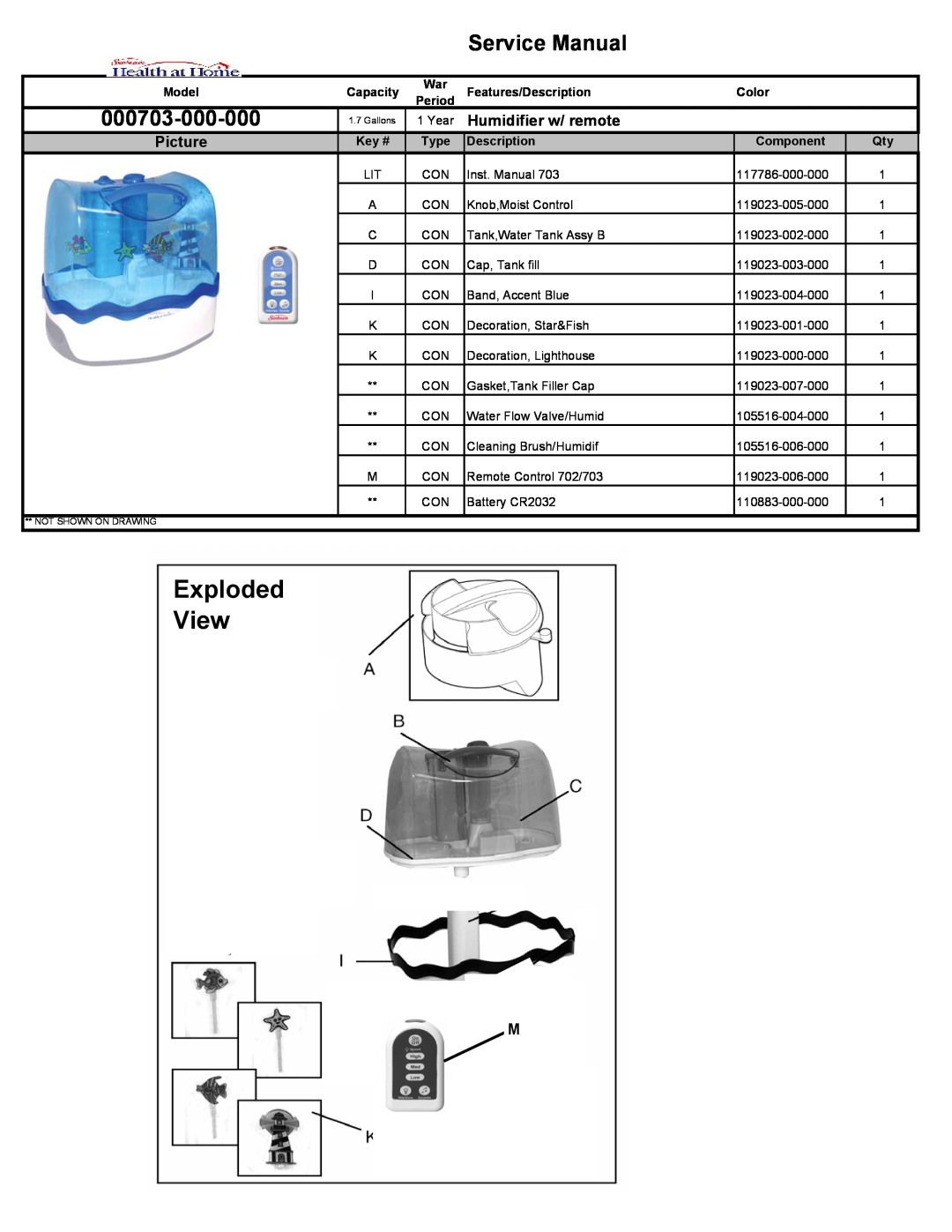 Heath Zenith 000703-000-000 service manual Exploded View, Humidifier w/ remote, Picture, Features/Description, Color 