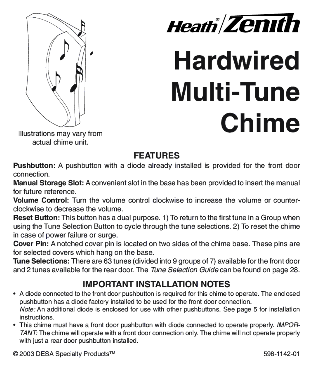 Heath Zenith 122C, 121AC, 125C installation instructions Features, Important Installation Notes 