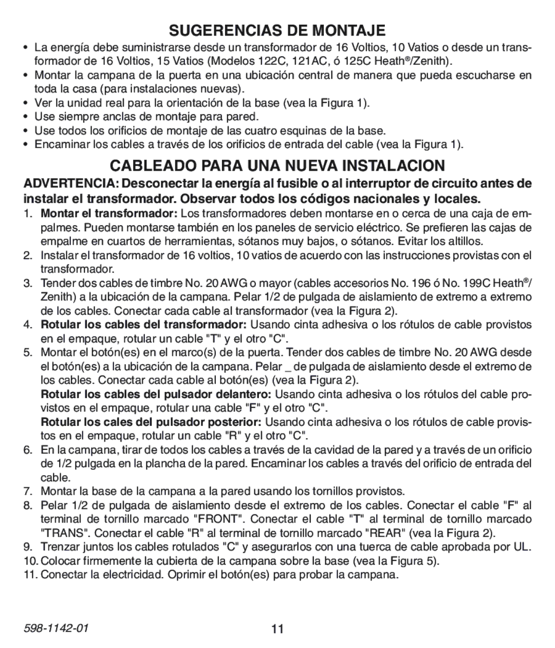 Heath Zenith 125C, 121AC, 122C installation instructions Sugerencias DE Montaje, Cableado Para UNA Nueva Instalacion 