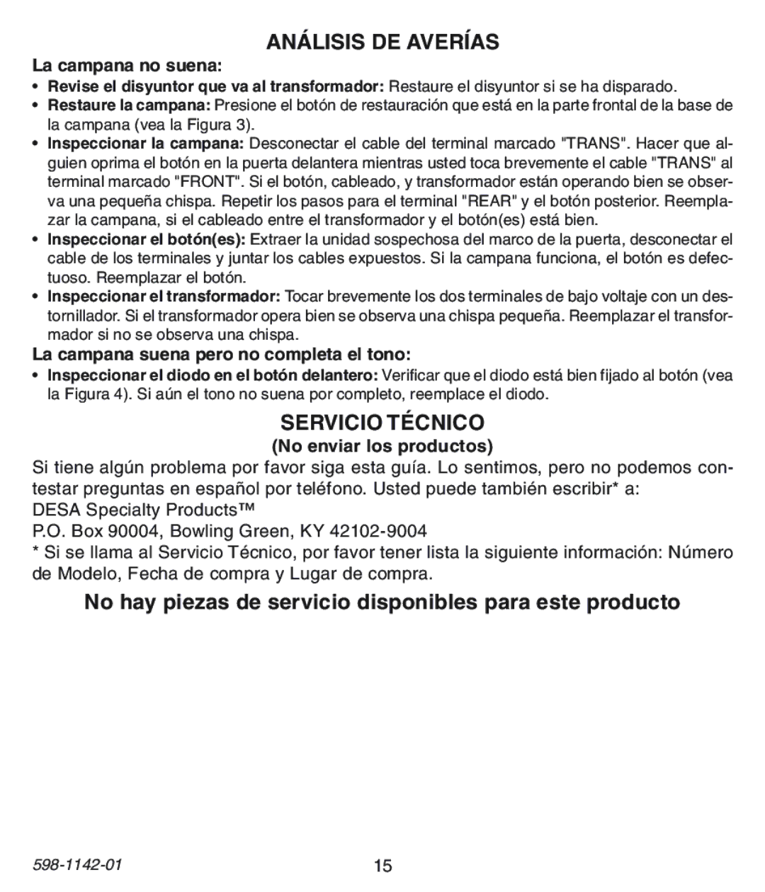 Heath Zenith 121AC, 122C, 125C installation instructions Análisis DE Averías, Servicio Técnico 