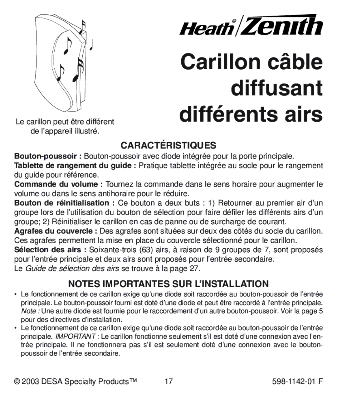 Heath Zenith 125C, 121AC, 122C installation instructions Carillon câble diffusant différents airs, Caractéristiques 