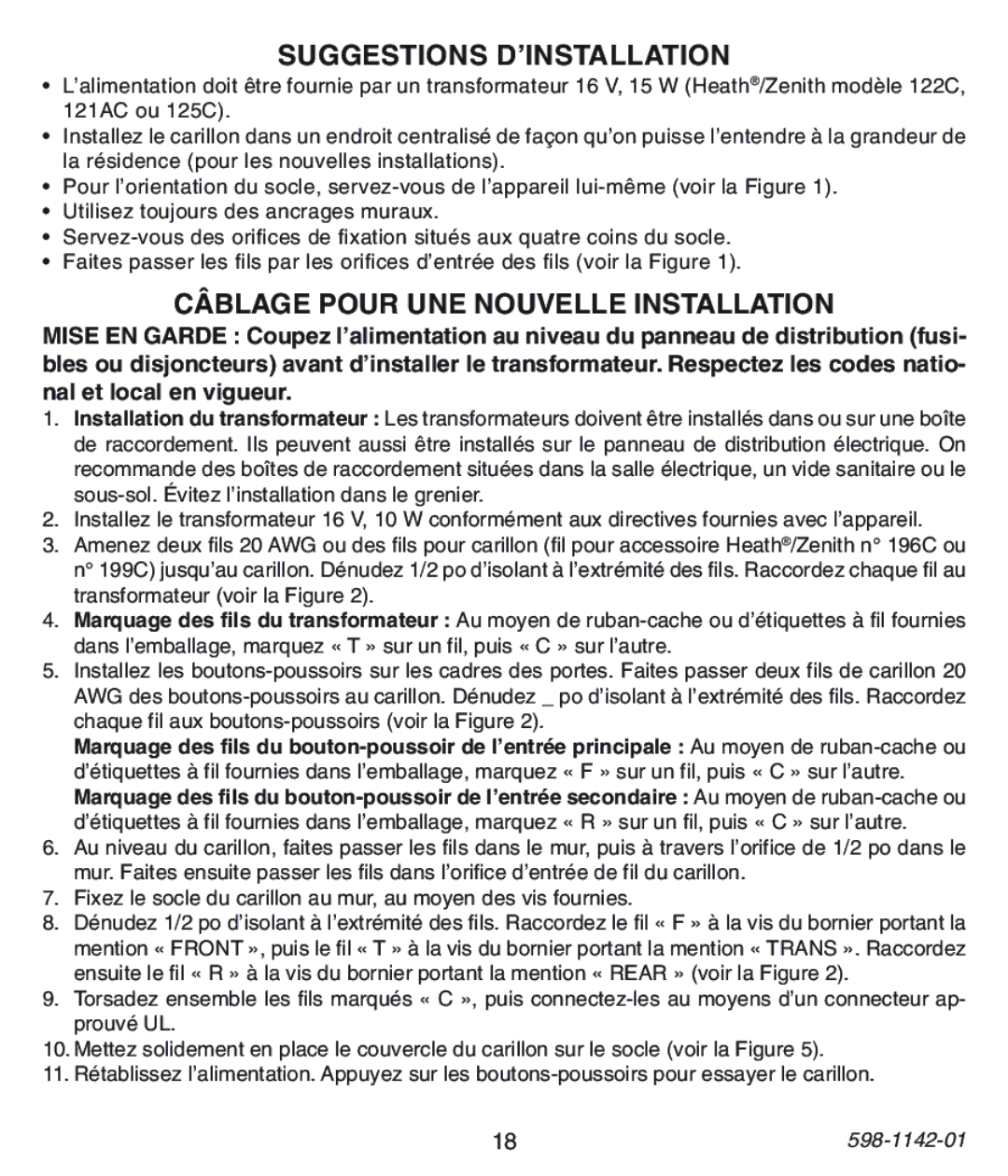 Heath Zenith 121AC, 122C, 125C installation instructions Suggestions D’INSTALLATION, Câblage Pour UNE Nouvelle Installation 