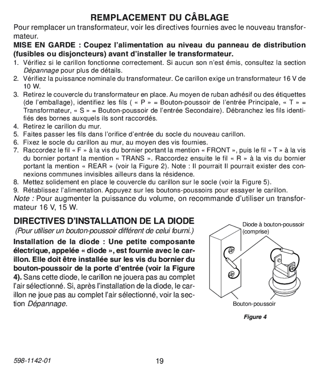 Heath Zenith 122C, 121AC, 125C installation instructions Remplacement DU Câblage, Directives D’INSTALLATION DE LA Diode 