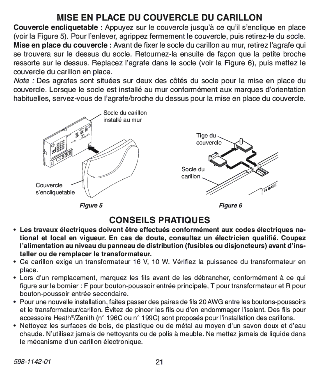 Heath Zenith 121AC, 122C, 125C installation instructions Mise EN Place DU Couvercle DU Carillon, Conseils Pratiques 