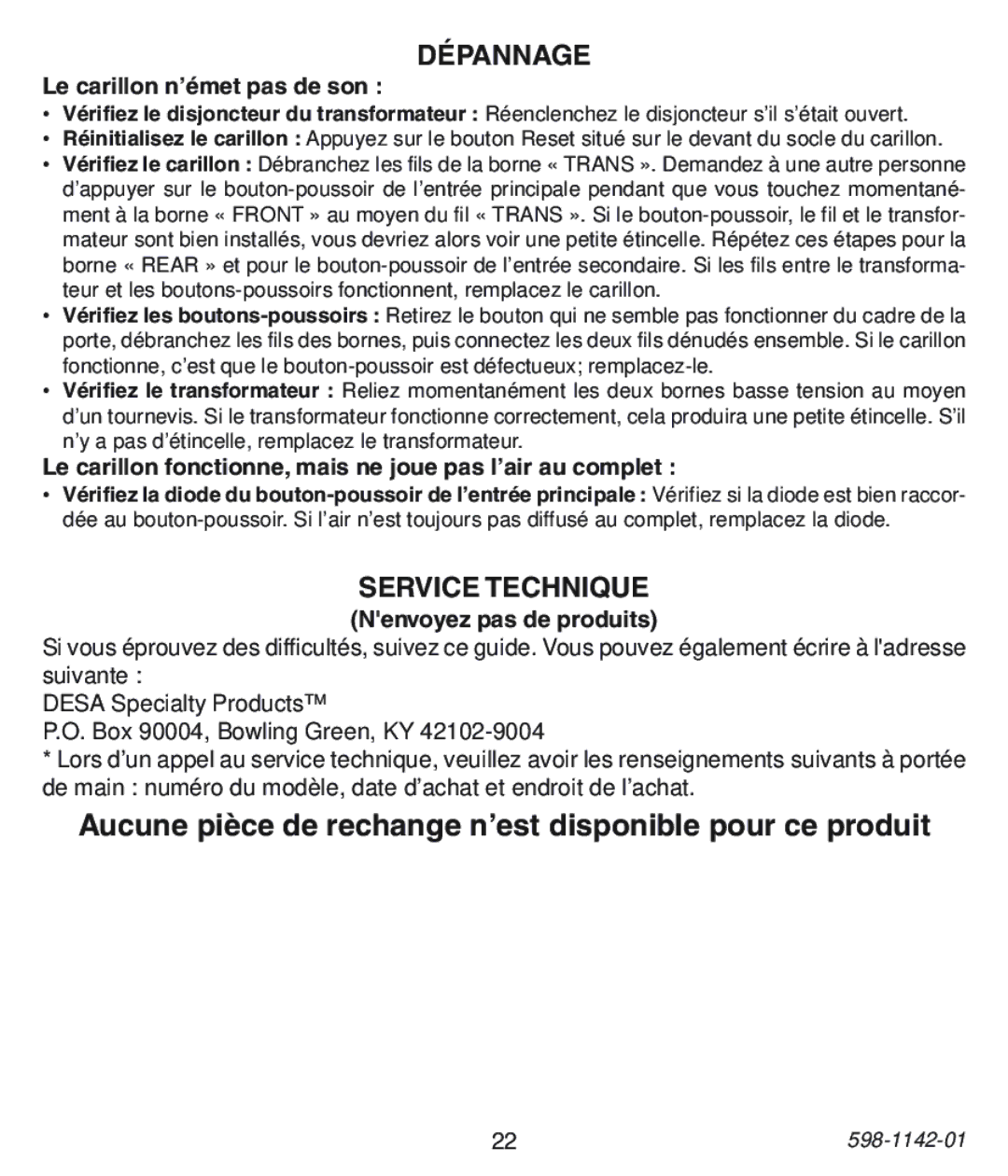 Heath Zenith 122C, 121AC, 125C installation instructions Dépannage, Service Technique 