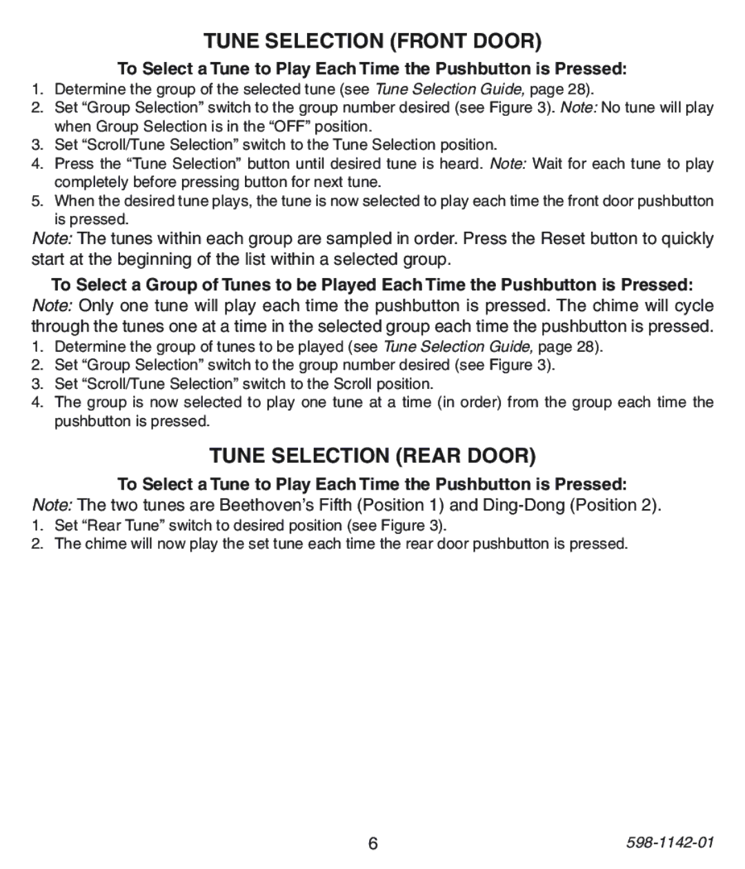 Heath Zenith 121AC, 122C, 125C installation instructions Tune Selection Front Door, Tune Selection Rear Door 