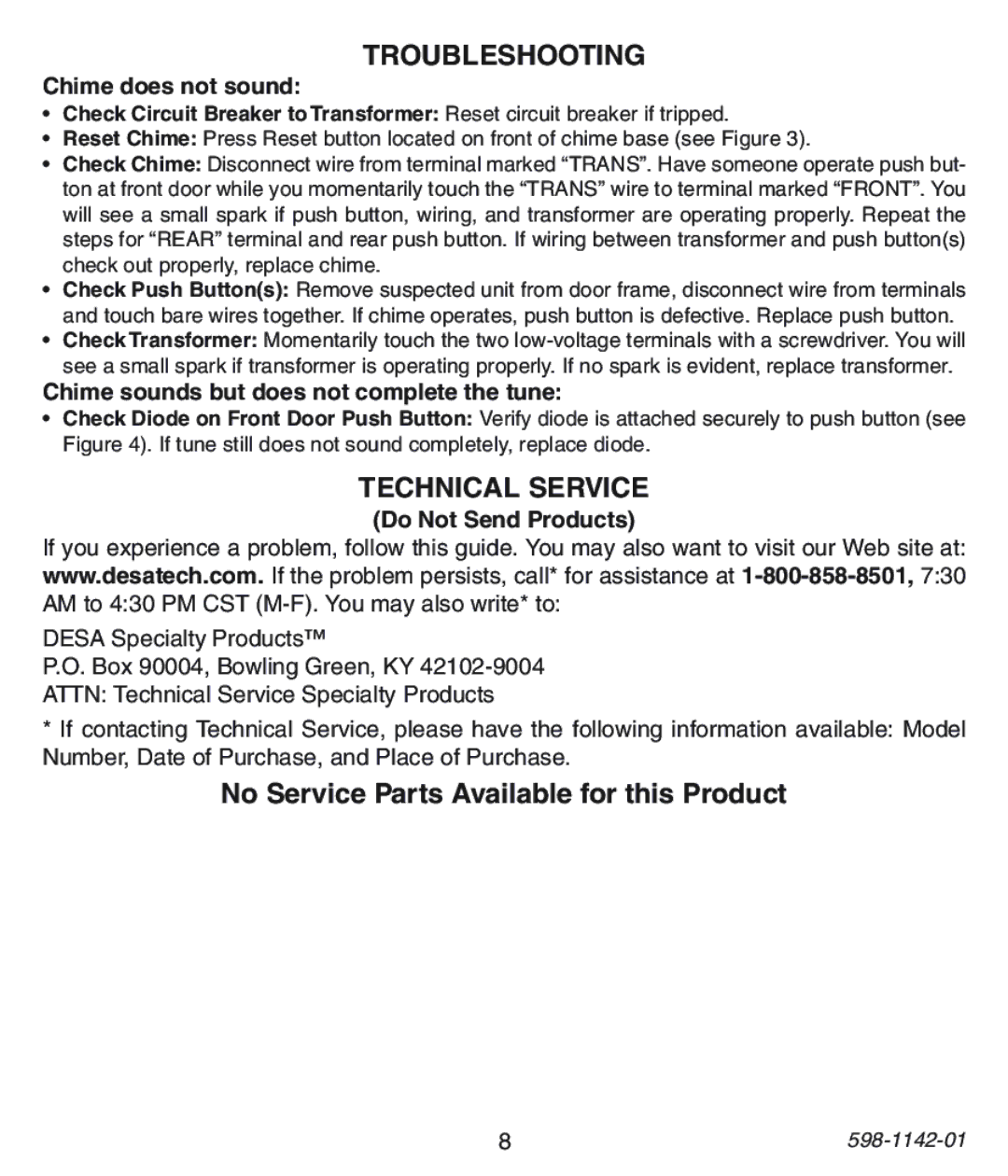 Heath Zenith 125C, 121AC, 122C installation instructions Troubleshooting, Technical Service 