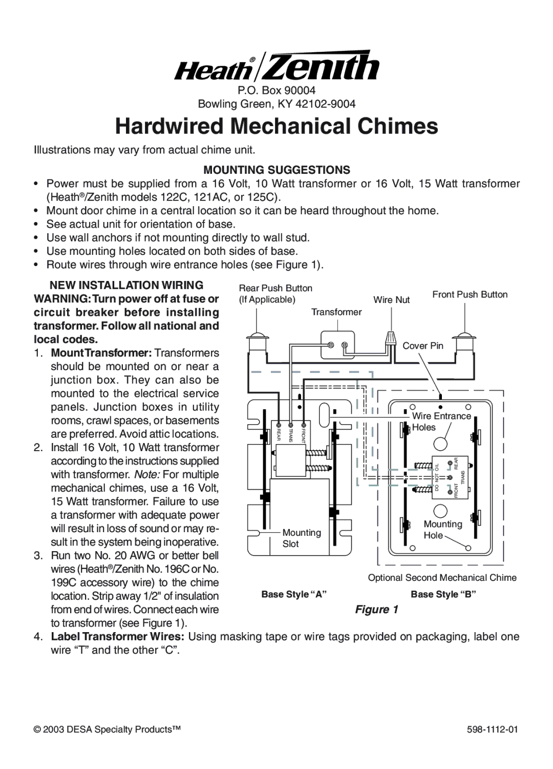 Heath Zenith 122C, 121AC, 125C manual Hardwired Mechanical Chimes, Mounting Suggestions, NEW Installation Wiring 