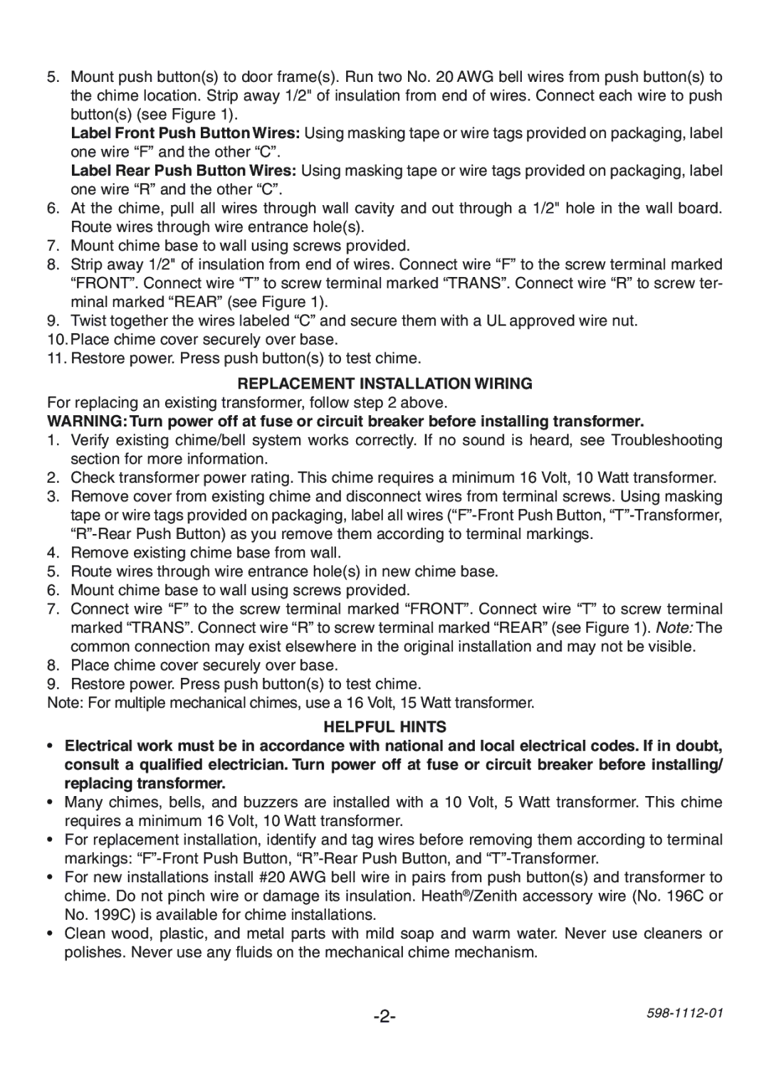 Heath Zenith 125C, 121AC, 122C manual Replacement Installation Wiring, Helpful Hints 