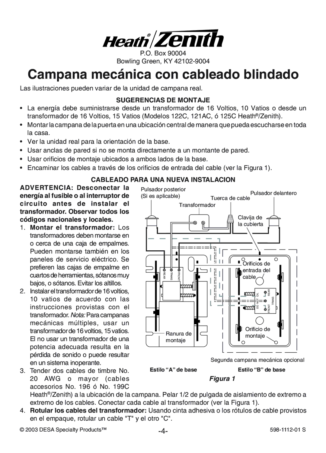 Heath Zenith 122C Campana mecánica con cableado blindado, Sugerencias DE Montaje, Cableado Para UNA Nueva Instalacion 