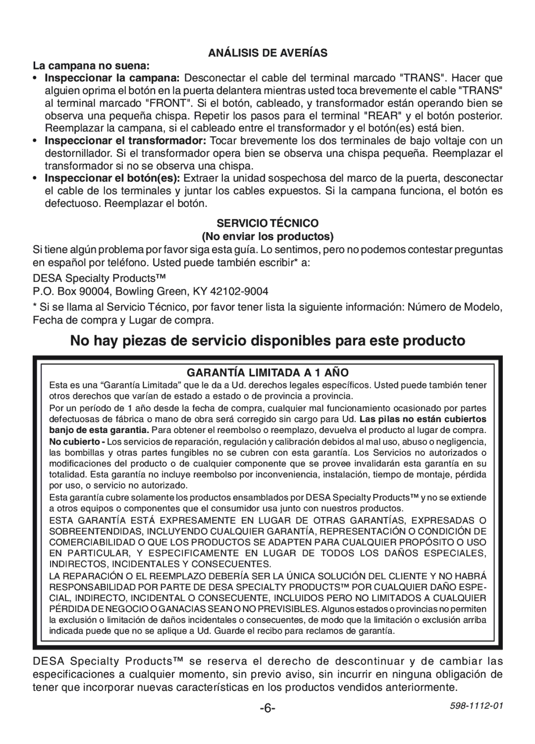 Heath Zenith 121AC, 122C No hay piezas de servicio disponibles para este producto, Análisis DE Averías, Servicio Técnico 