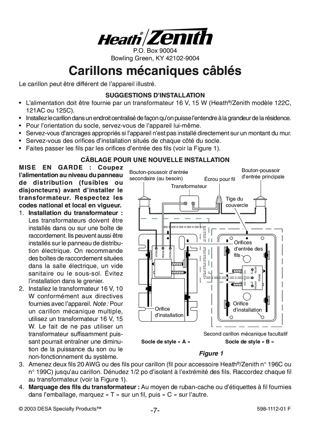 Heath Zenith 122C, 121AC Carillons mécaniques câblés, Suggestions D’INSTALLATION, Câblage Pour UNE Nouvelle Installation 