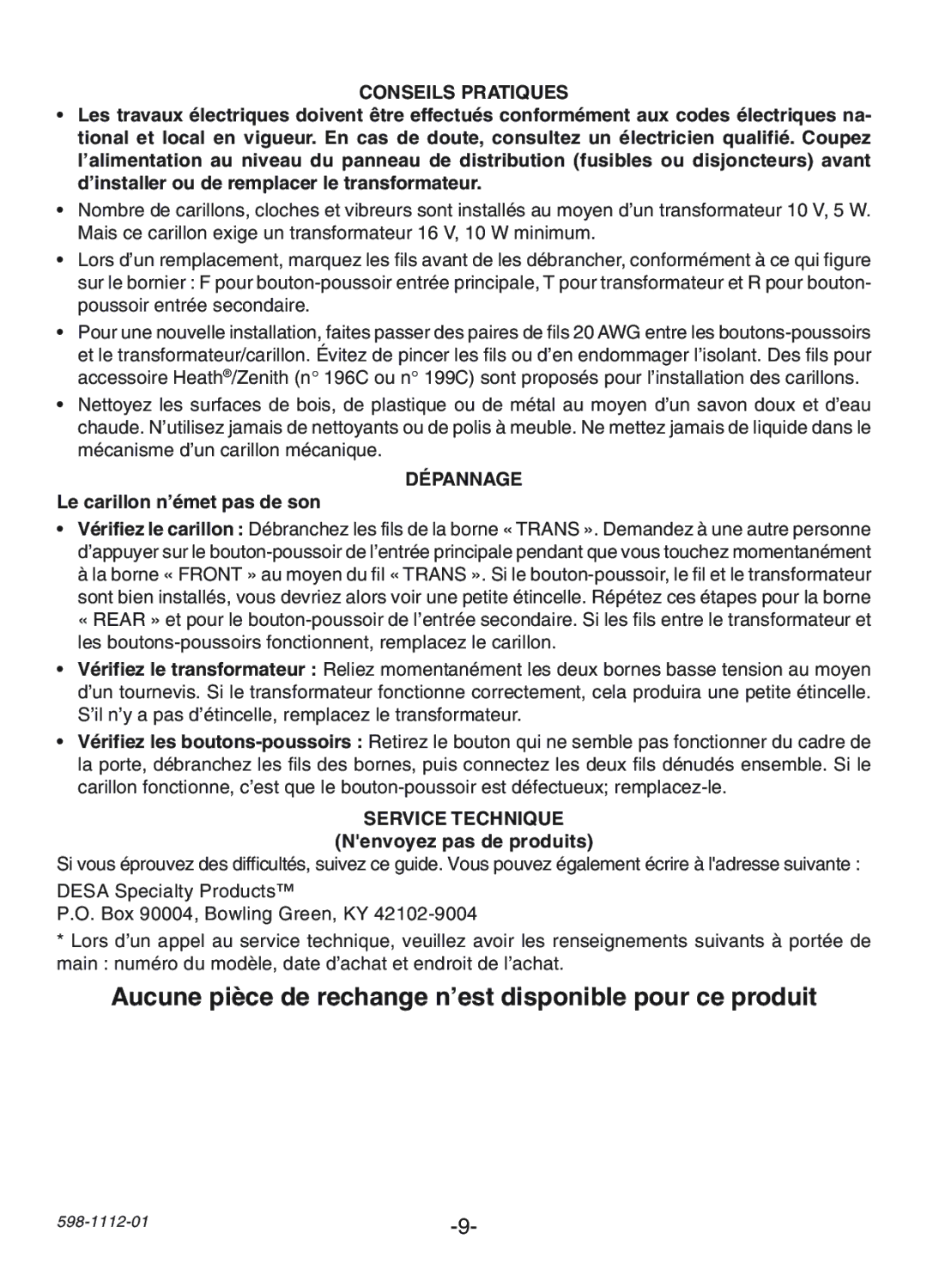 Heath Zenith 121AC, 122C, 125C Aucune pièce de rechange n’est disponible pour ce produit, Conseils Pratiques, Dépannage 