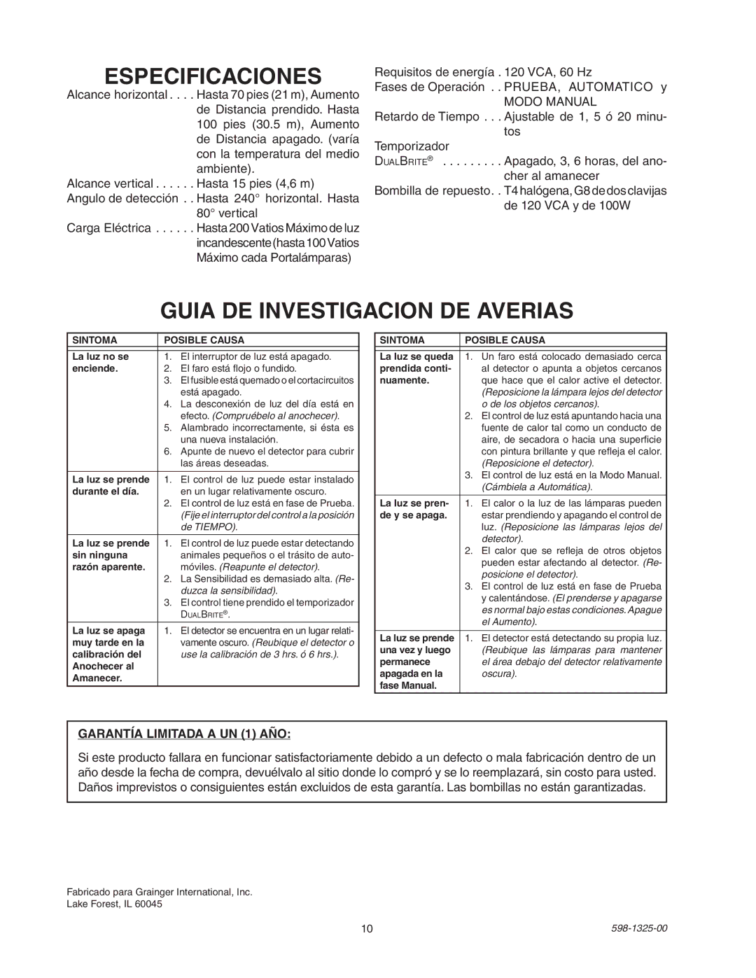 Heath Zenith 2LBL4, 2LBL3 Especificaciones, Guia DE Investigacion DE Averias, Garantía limitada a un 1 año 