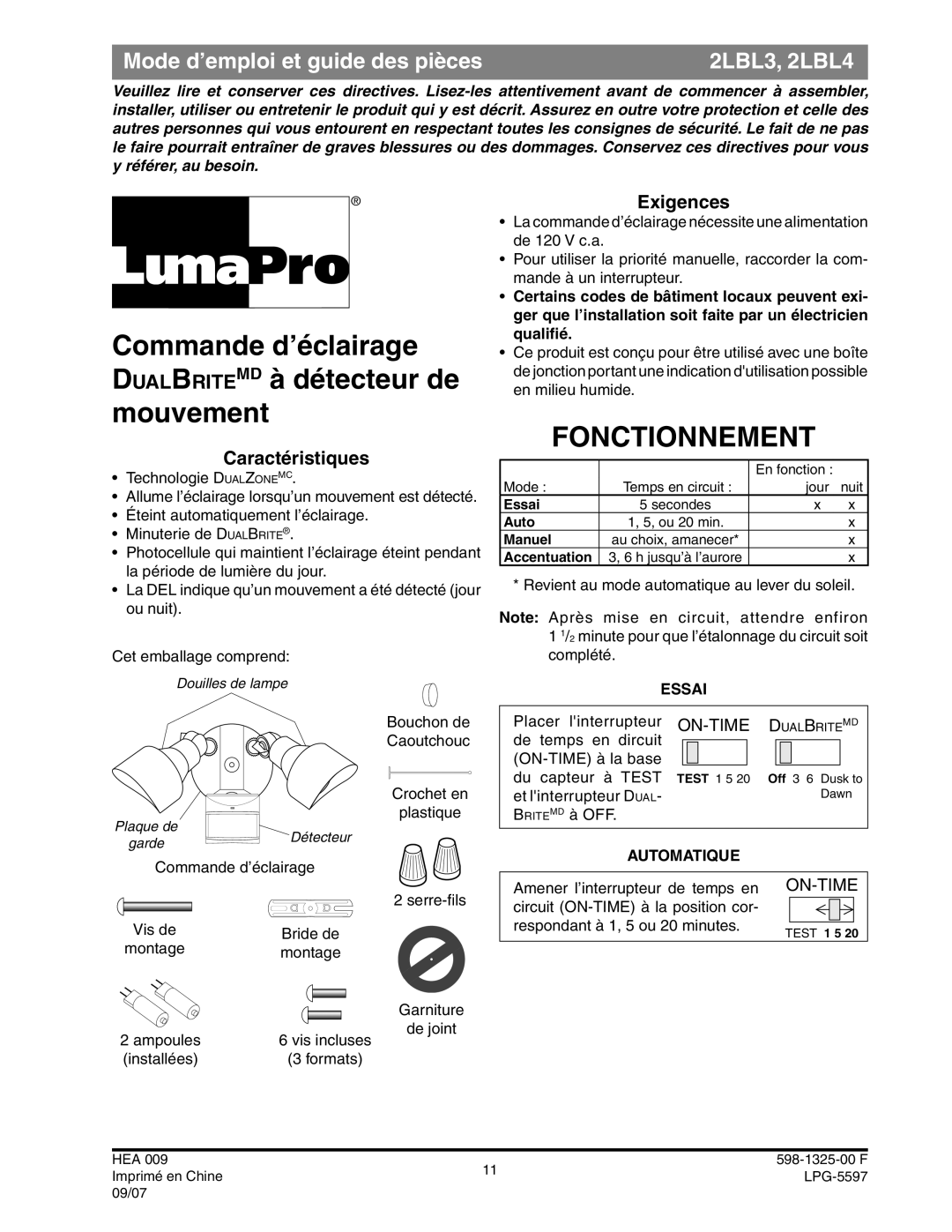 Heath Zenith 2LBL3, 2LBL4 operating instructions Fonctionnement, Caractéristiques, Exigences 