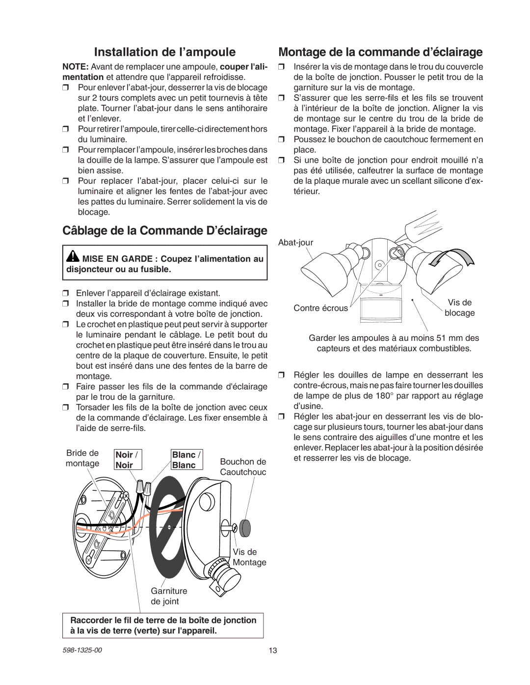 Heath Zenith 2LBL3, 2LBL4 operating instructions Installation de l’ampoule, Noir Blanc 