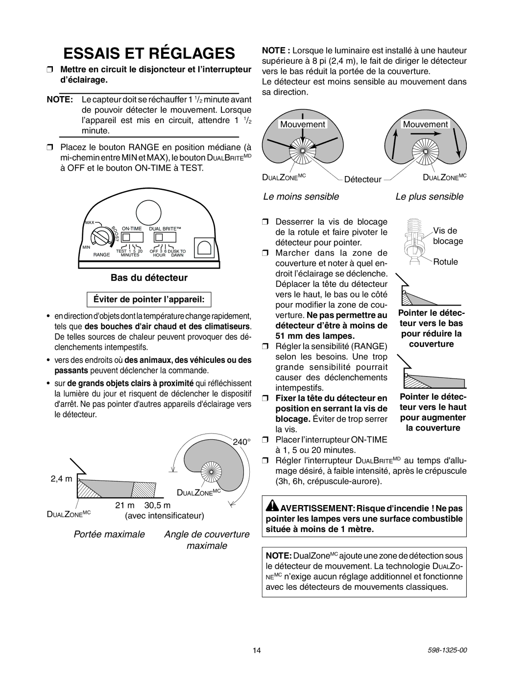 Heath Zenith 2LBL4, 2LBL3 operating instructions Essais ET Réglages 