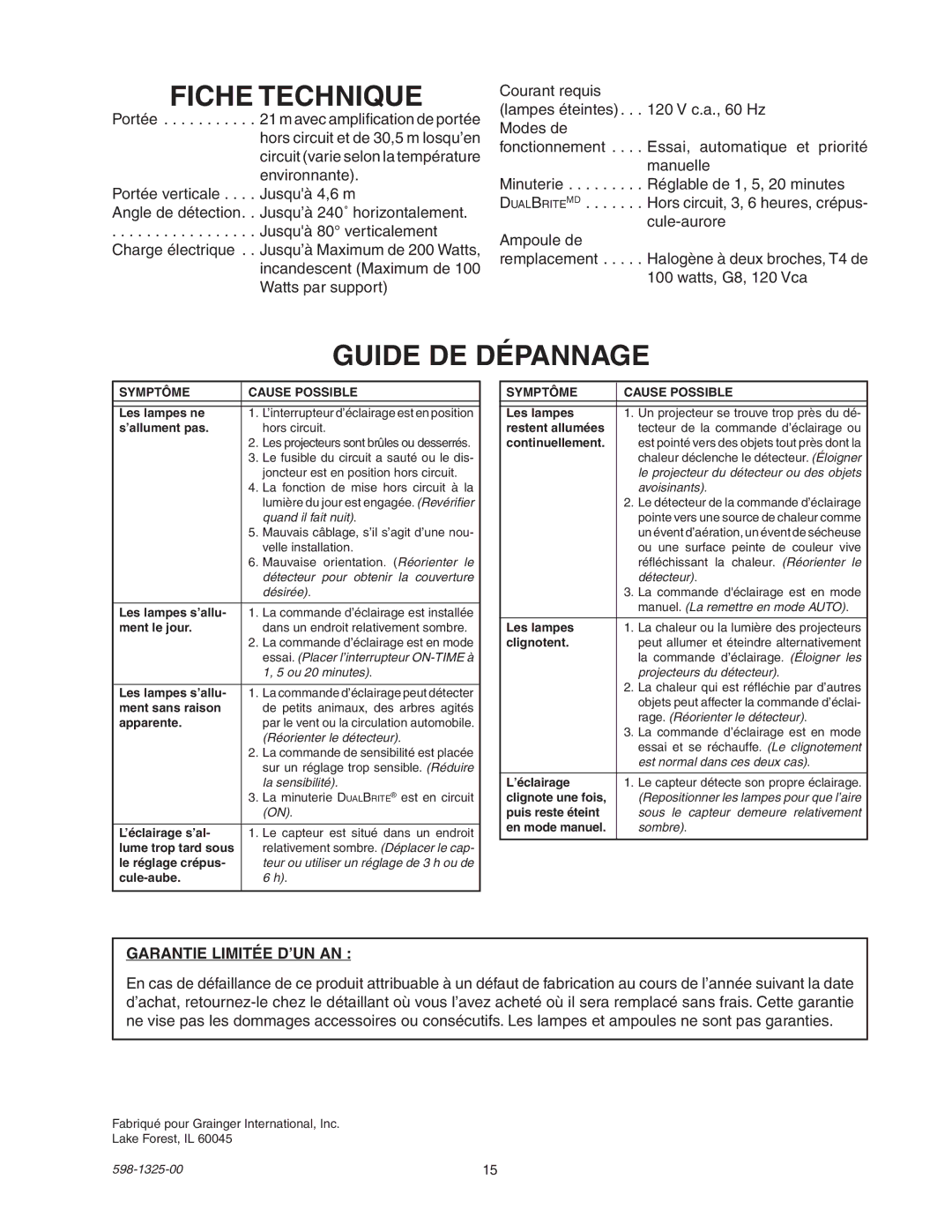 Heath Zenith 2LBL3, 2LBL4 operating instructions Fiche Technique, Guide DE Dépannage, Garantie limitée d’un an 