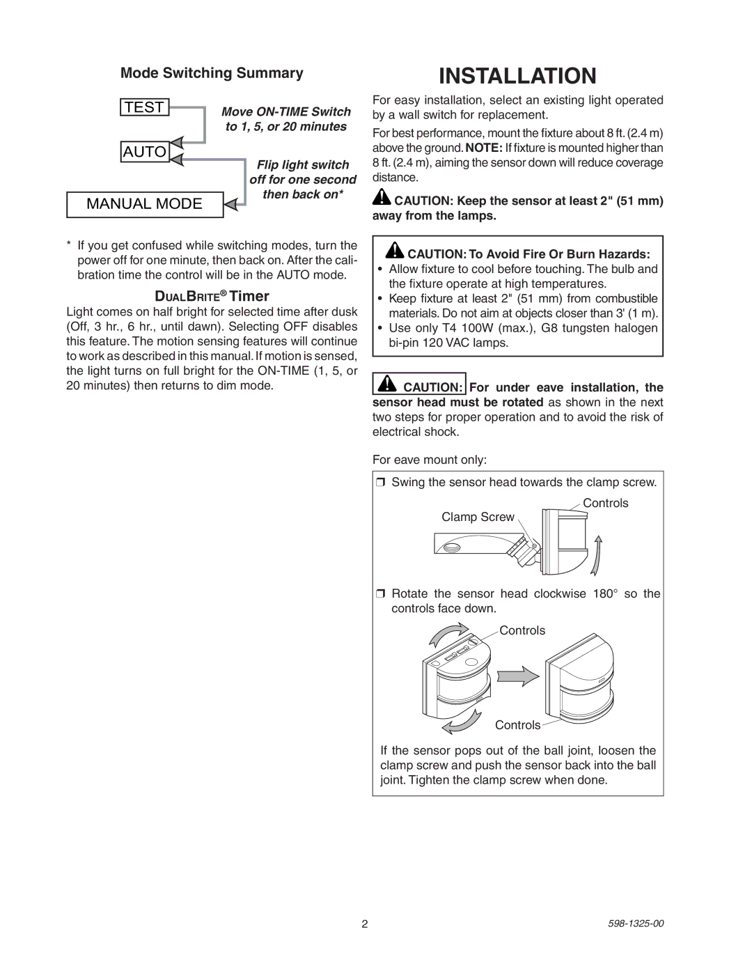 Heath Zenith 2LBL4, 2LBL3 operating instructions Installation, Mode Switching Summary, DualBrite Timer 