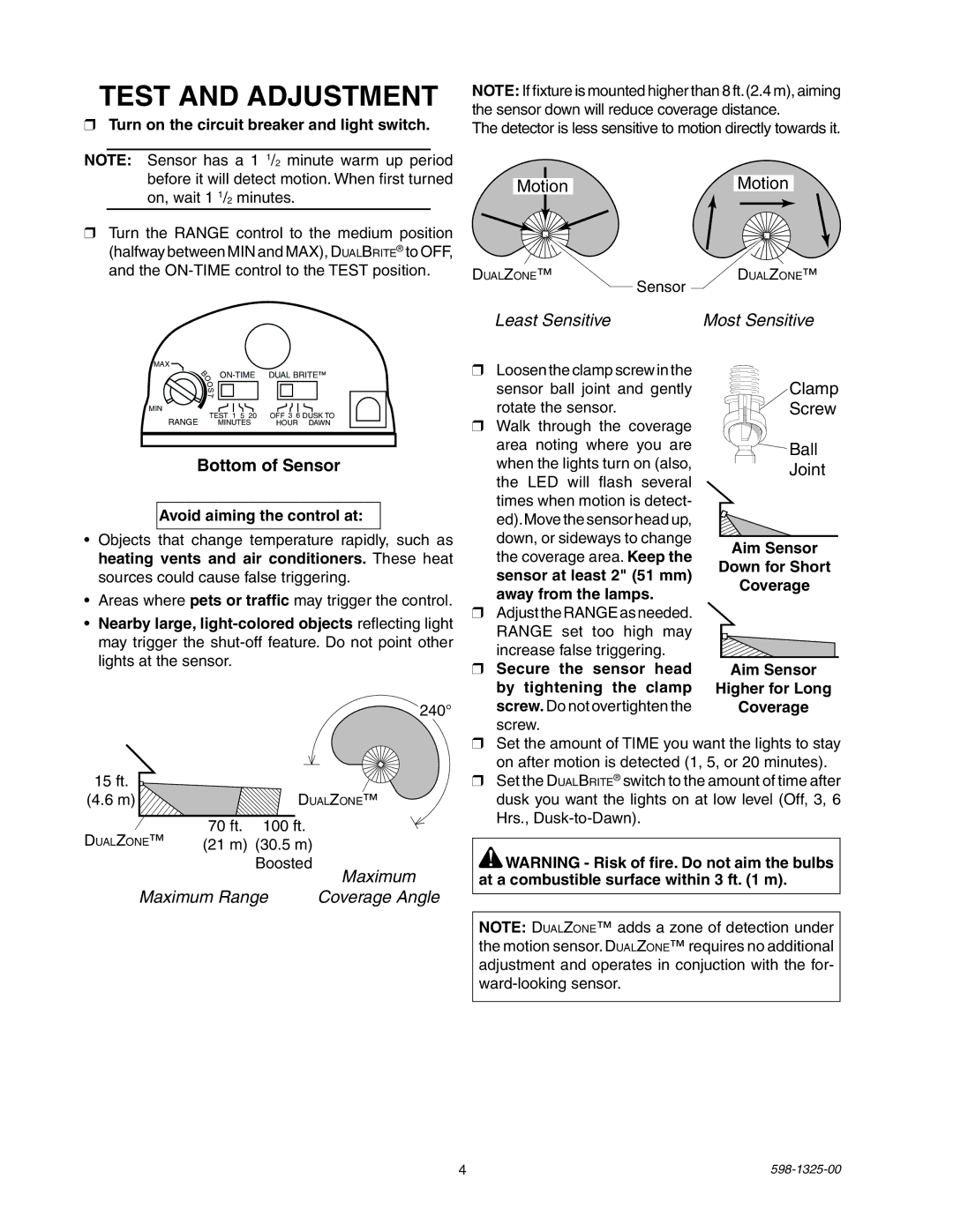 Heath Zenith 2LBL4, 2LBL3 Test and Adjustment, Turn on the circuit breaker and light switch, Avoid aiming the control at 