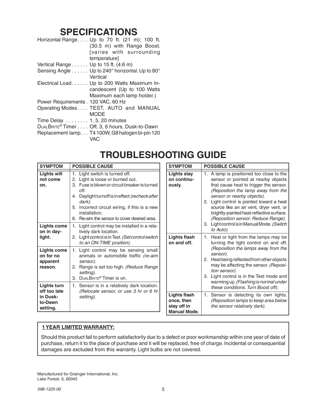 Heath Zenith 2LBL3, 2LBL4 operating instructions Specifications, Troubleshooting Guide, Year limited warranty 