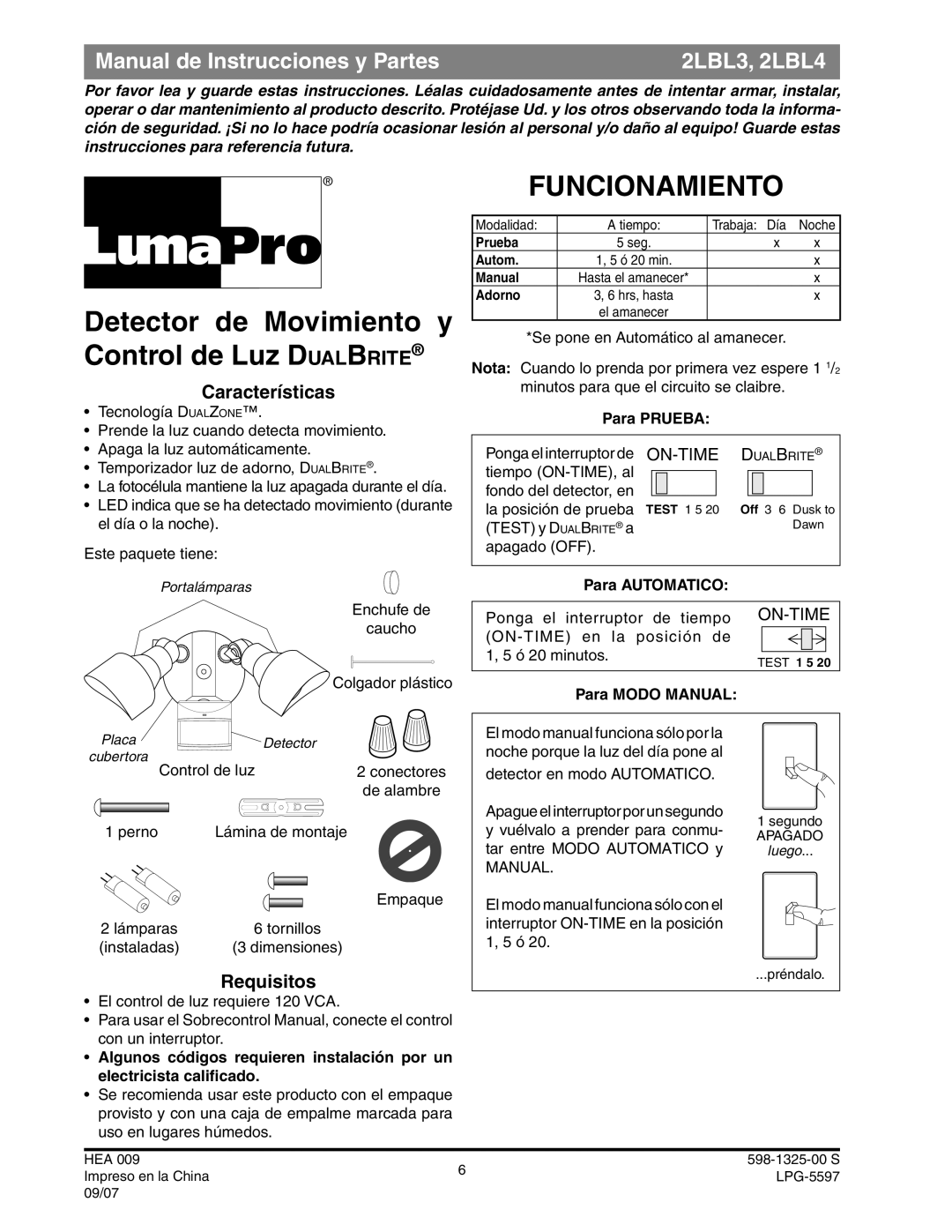 Heath Zenith 2LBL4, 2LBL3 operating instructions Funcionamiento, Características, Requisitos 