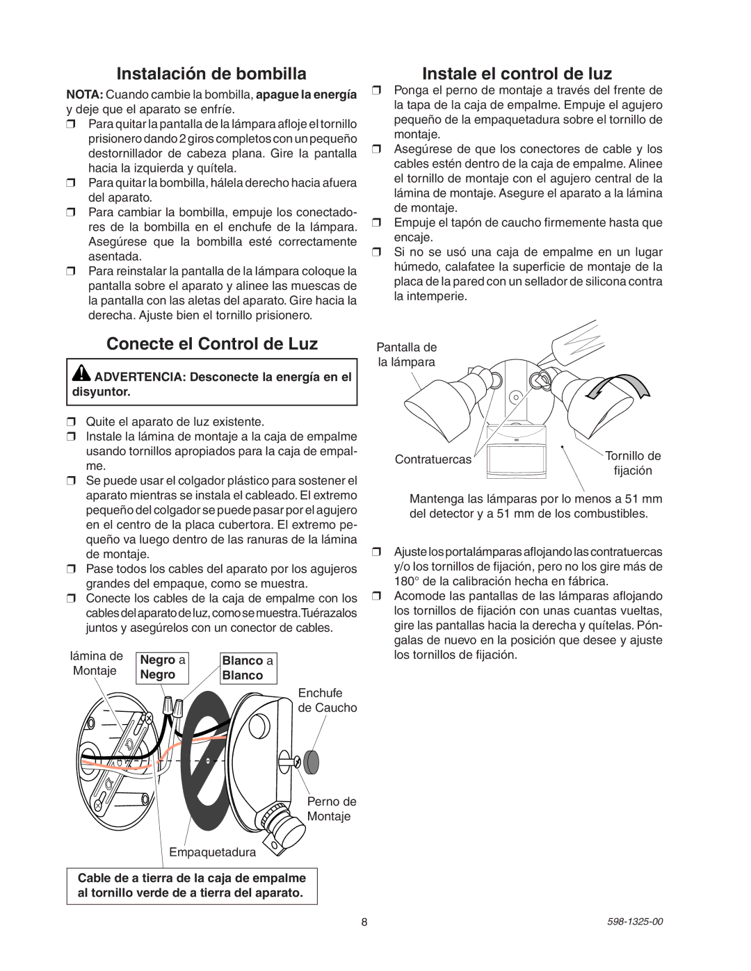 Heath Zenith 2LBL4, 2LBL3 Advertencia Desconecte la energía en el disyuntor, Negro a Blanco a, Negro Blanco 