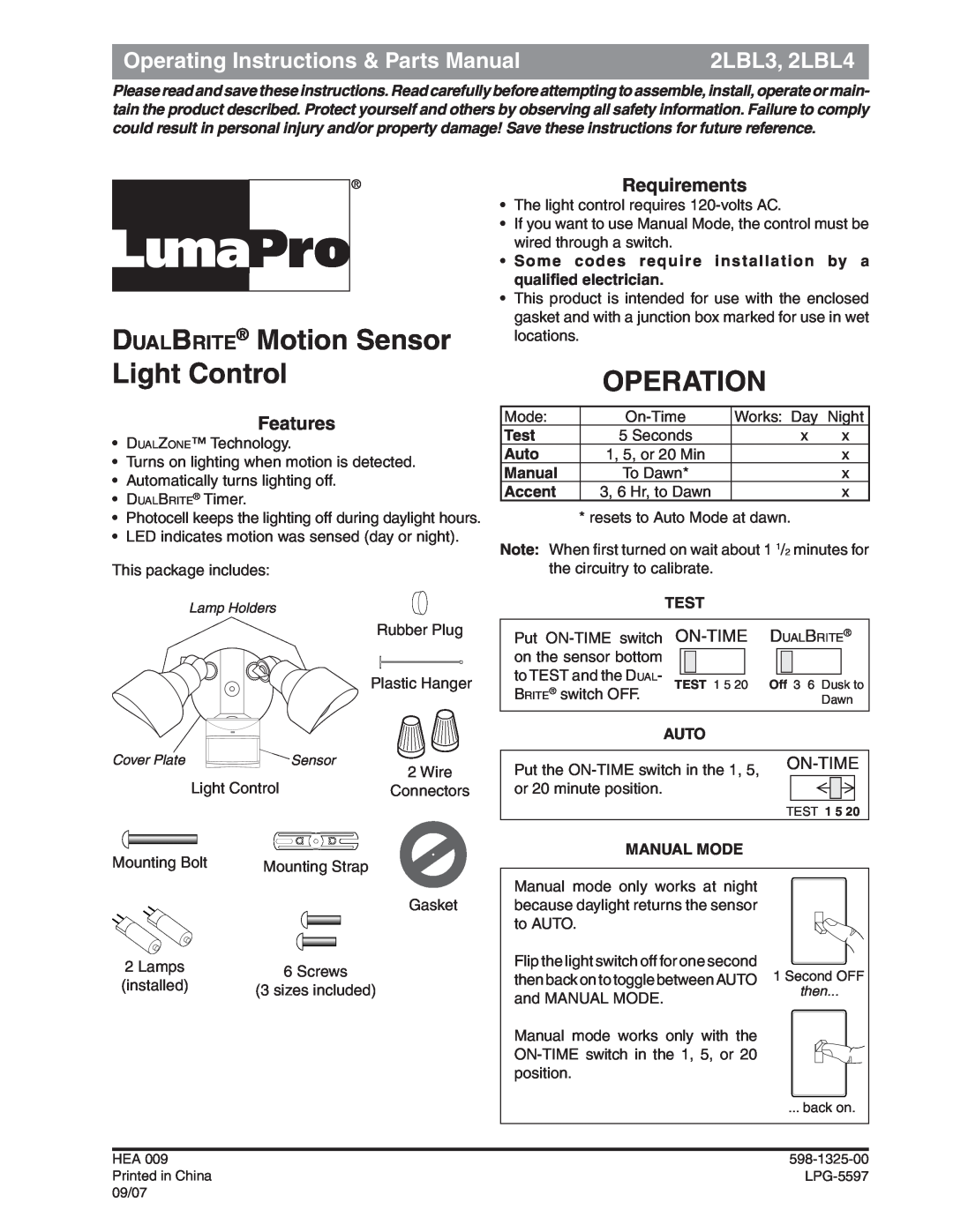 Heath Zenith operating instructions DualBrite Motion Sensor Light Control, Operation, 2LBL3, 2LBL4, Requirements, Test 