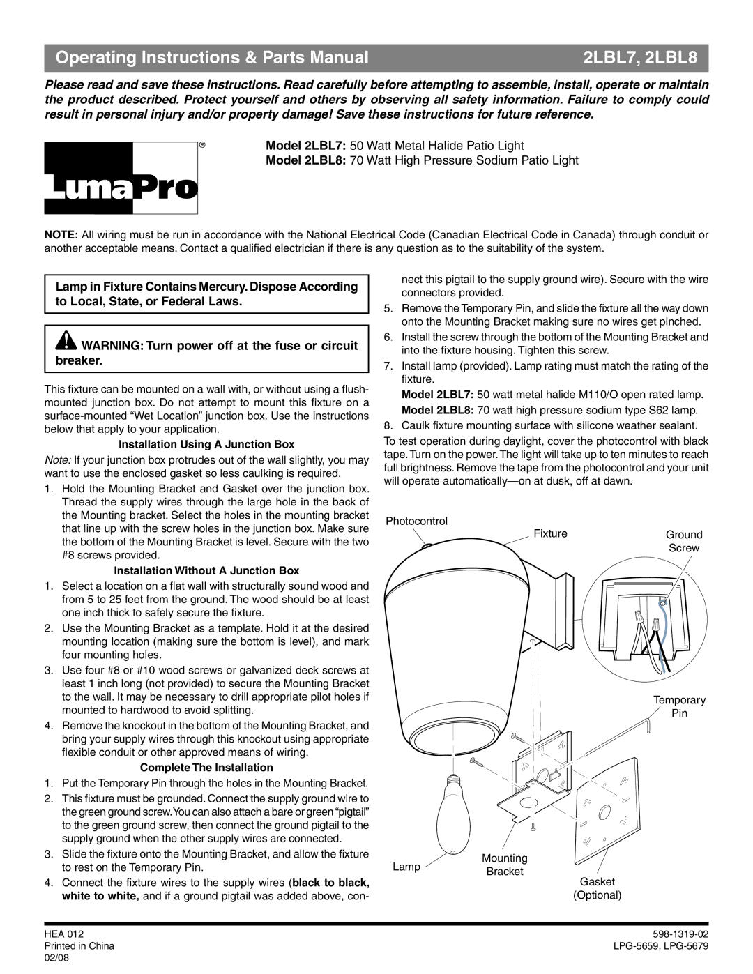 Heath Zenith manual Operating Instructions & Parts Manual 2LBL7, 2LBL8, Installation Using a Junction Box 