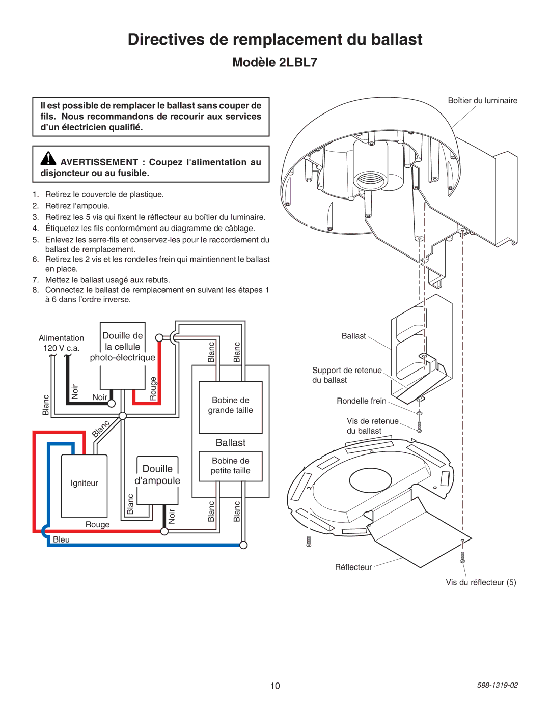 Heath Zenith 2LBL8 manual Directives de remplacement du ballast, Modèle 2LBL7, Douille, ’ampoule 