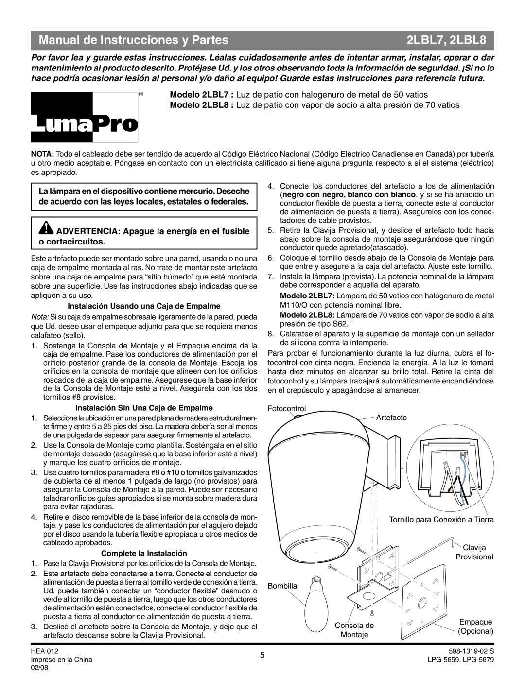 Heath Zenith manual Manual de Instrucciones y Partes 2LBL7, 2LBL8, Instalación Usando una Caja de Empalme 