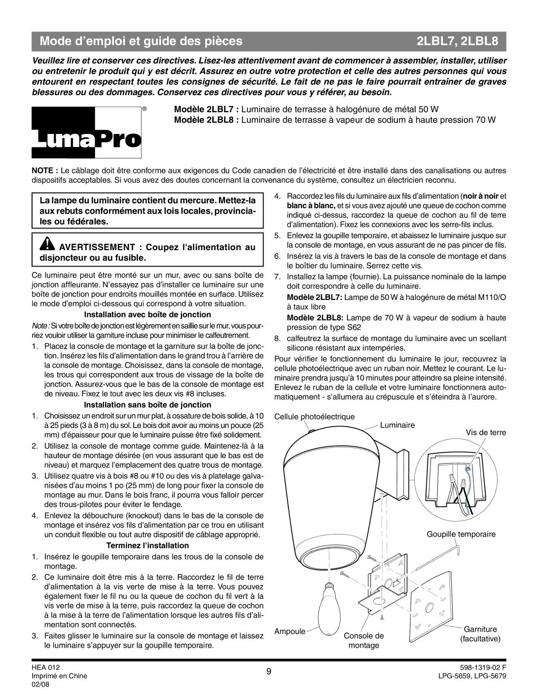 Heath Zenith manual Mode d’emploi et guide des pièces 2LBL7, 2LBL8, Installation avec boîte de jonction 