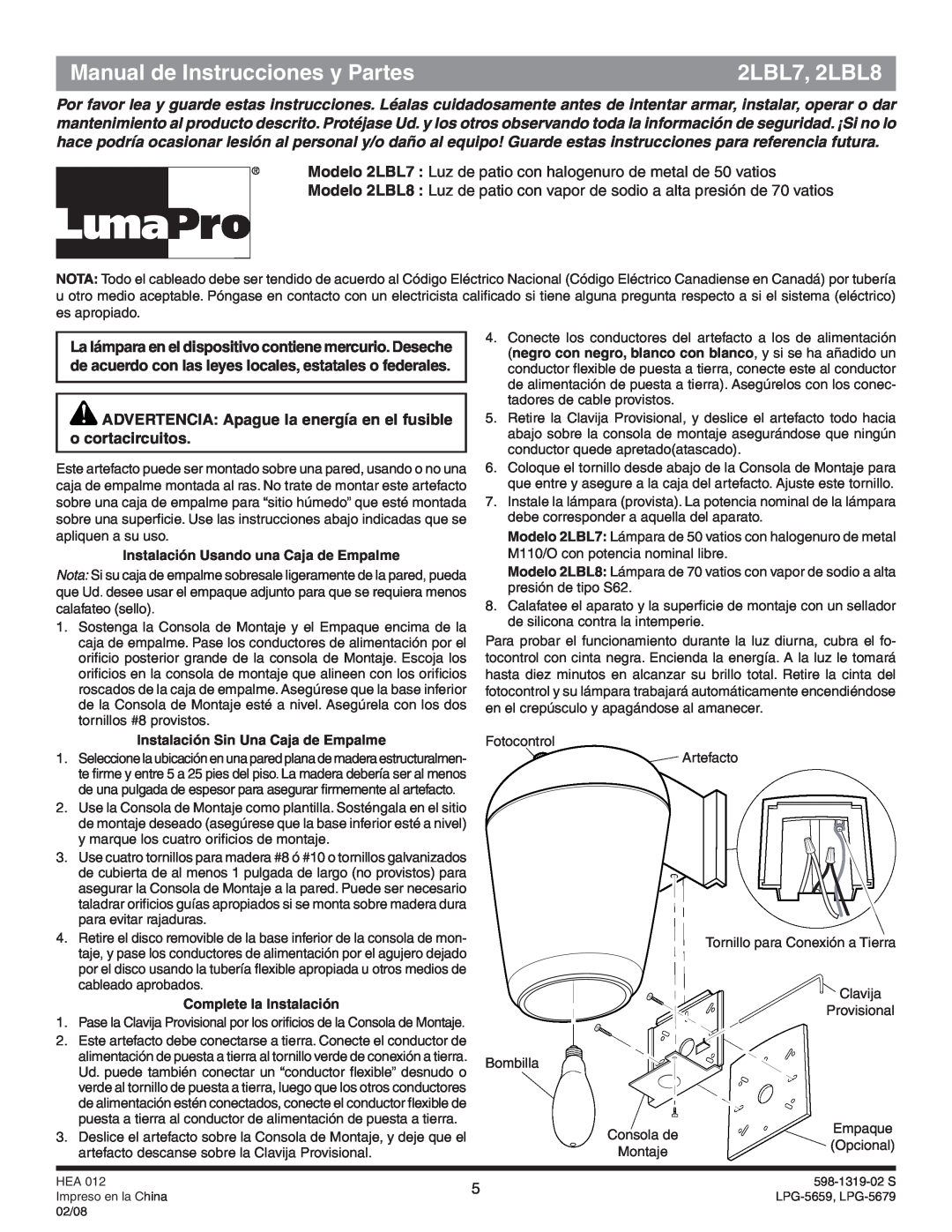 Heath Zenith manual Manual de Instrucciones y Partes, 2LBL7, 2LBL8, Instalación Usando una Caja de Empalme 