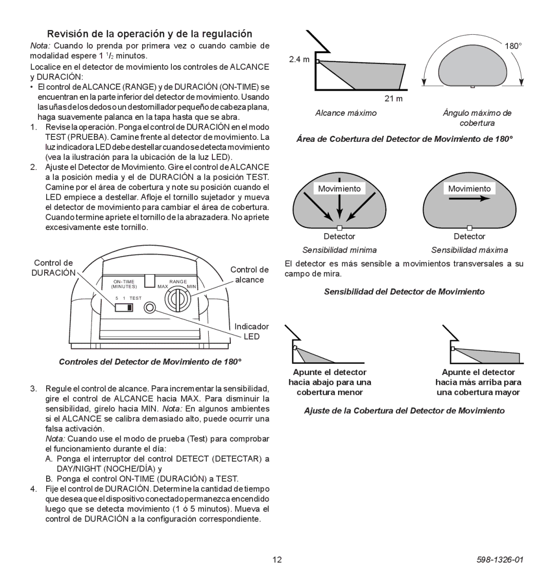 Heath Zenith 2LBL9, 2LBN1 Revisión de la operación y de la regulación, Controles del Detector de Movimiento de 