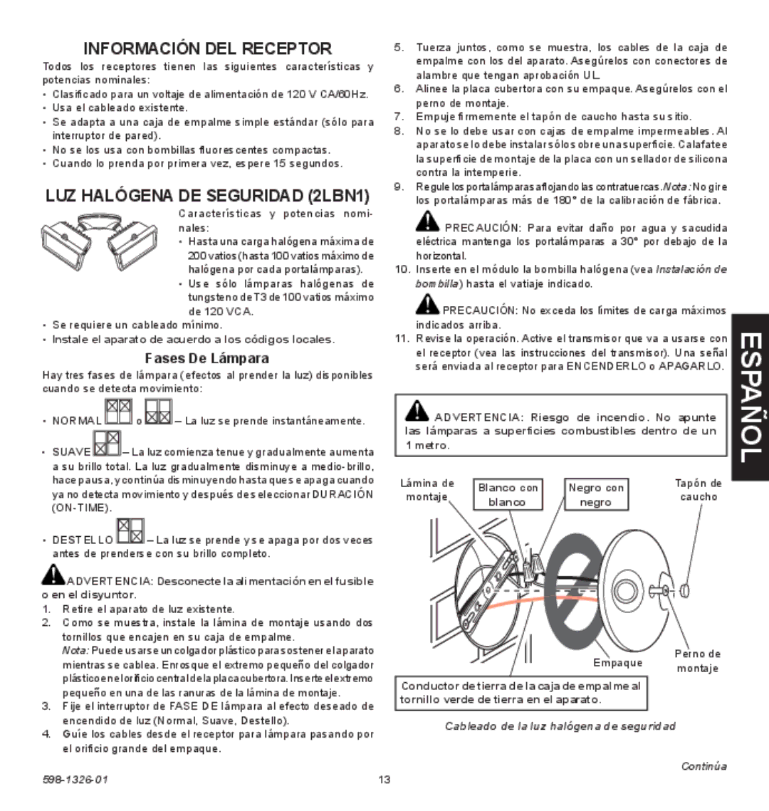 Heath Zenith 2LBL9 operating instructions Información DEL Receptor, LUZ Halógena DE Seguridad 2LBN1, Fases De Lámpara 