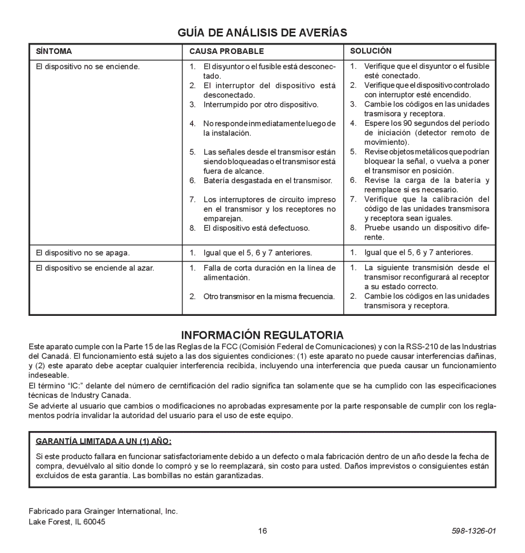 Heath Zenith 2LBL9, 2LBN1 Guía de Análisis de Averías, Información Regulatoria, Síntoma Causa Probable Solución 