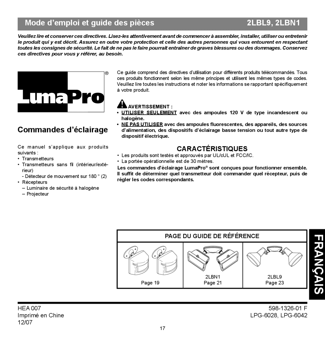 Heath Zenith 2LBN1, 2LBL9 operating instructions Caractéristiques, Du guide de référence, Votre produit 