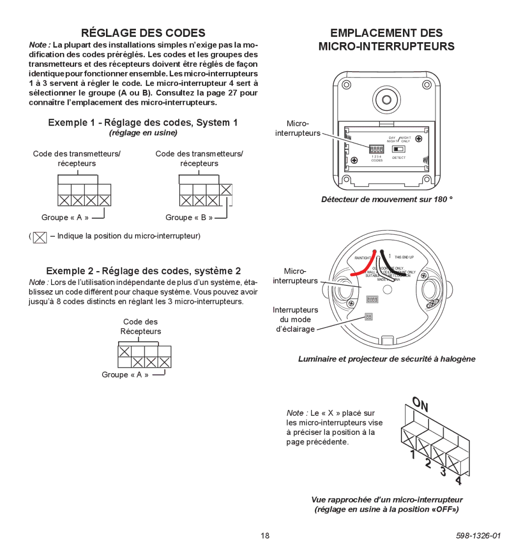 Heath Zenith 2LBL9, 2LBN1 Réglage DES Codes, Emplacement DES MICRO-INTERRUPTEURS, Exemple 1 Réglage des codes, System 