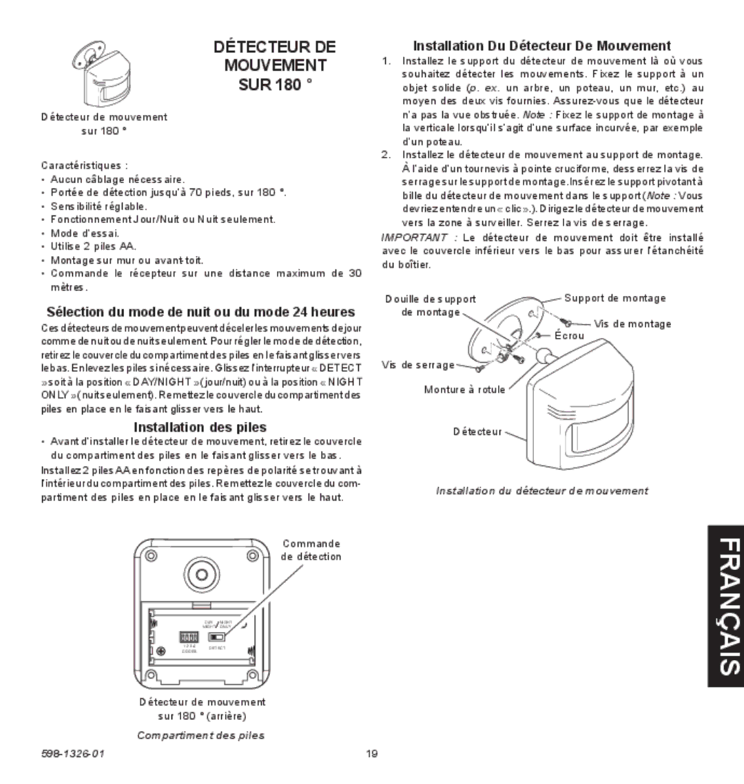 Heath Zenith 2LBN1, 2LBL9 Détecteur DE Mouvement, Sur, Installation Du Détecteur De Mouvement, Installation des piles 