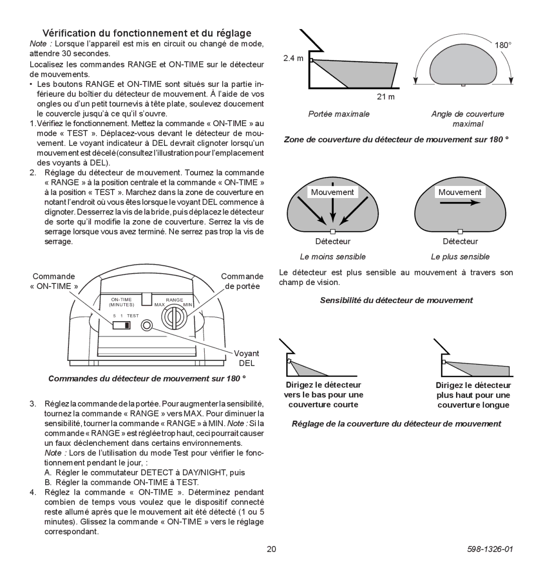 Heath Zenith 2LBL9, 2LBN1 Vérification du fonctionnement et du réglage, Commandes du détecteur de mouvement sur 