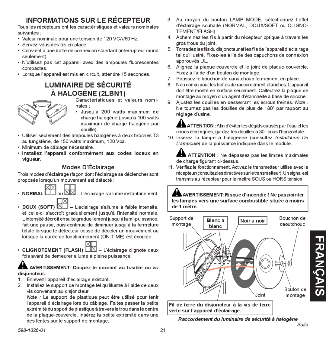 Heath Zenith 2LBL9 Informations SUR LE Récepteur, Luminaire DE Sécurité Halogène 2LBN1, Modes D’Éclairage 