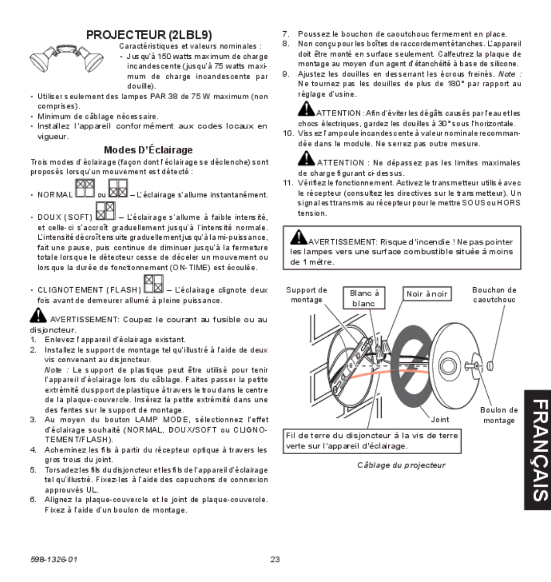 Heath Zenith 2LBN1 operating instructions Projecteur 2LBL9, Câblage du projecteur 