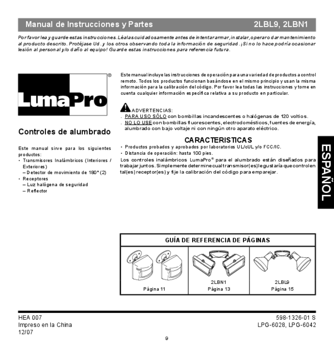 Heath Zenith 2LBN1, 2LBL9 operating instructions Caracteristicas, Advertencias, Página 