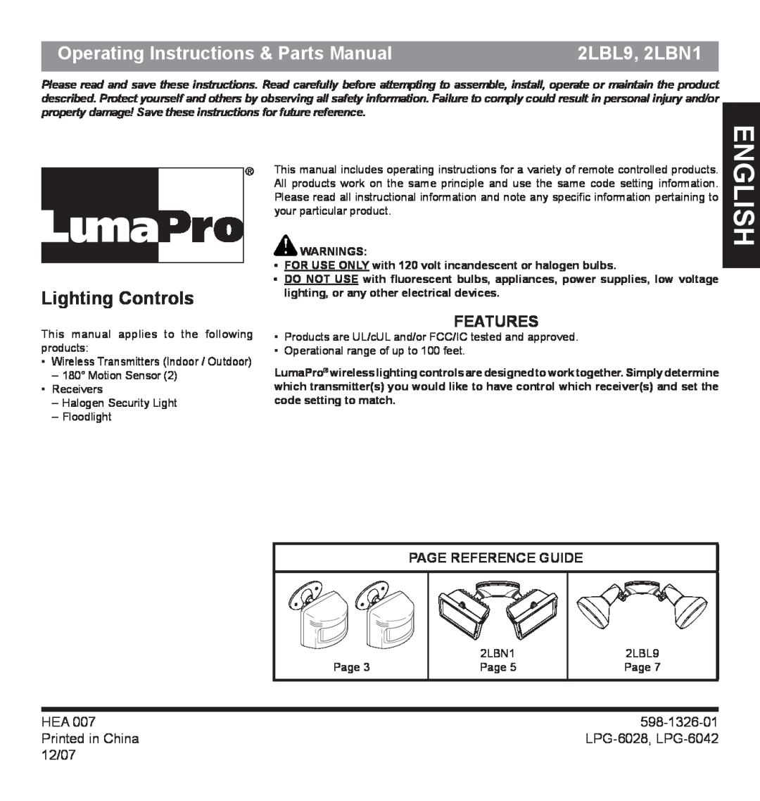 Heath Zenith operating instructions English, Operating Instructions & Parts Manual, 2LBL9, 2LBN1, Lighting Controls 