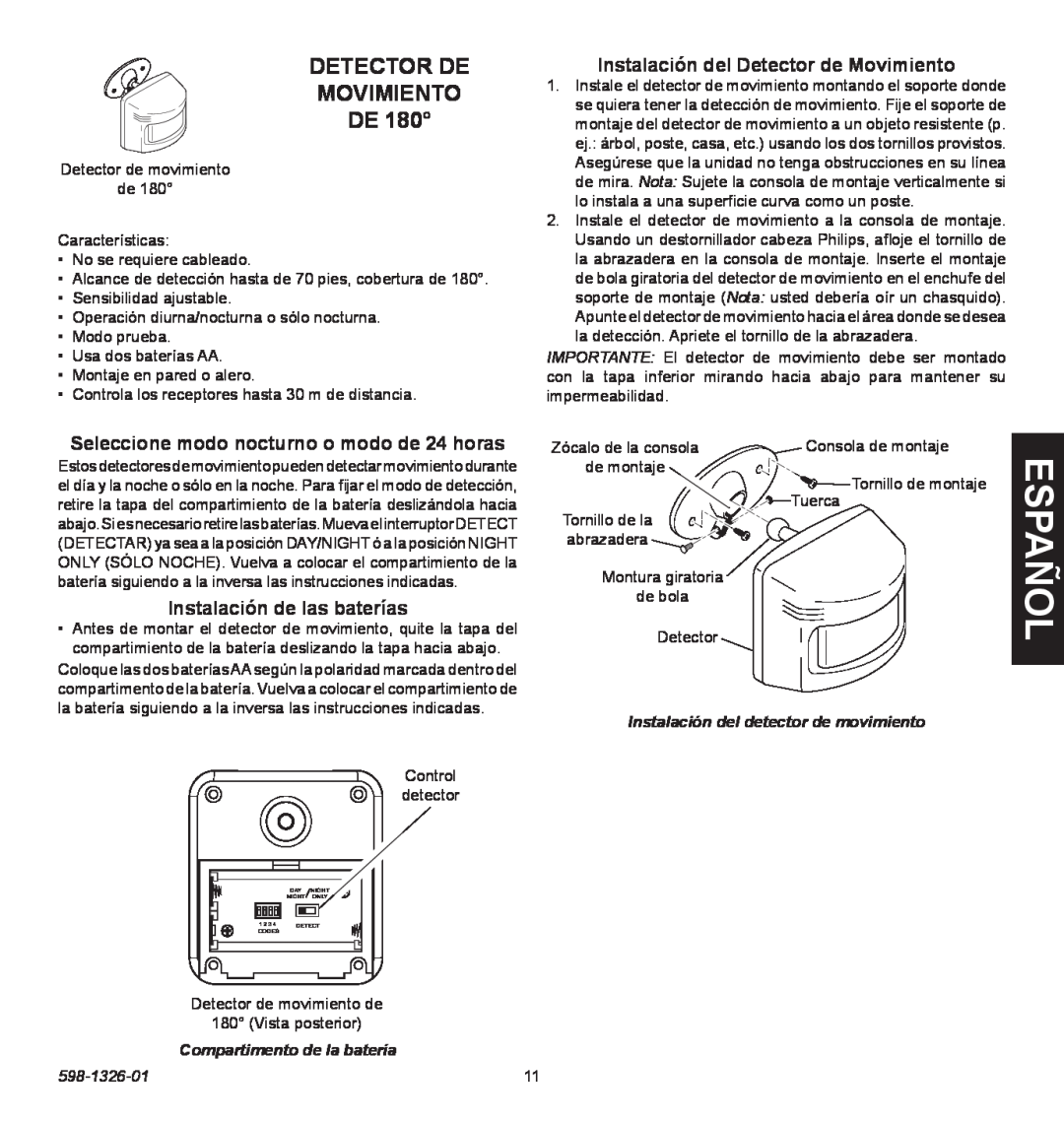 Heath Zenith 2LBN1 Detector De Movimiento De, Instalación del Detector de Movimiento, Instalación de las baterías, español 